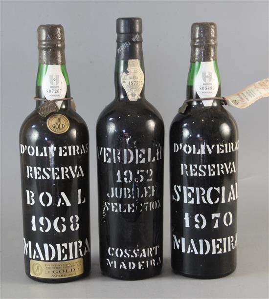 One bottle of DOliveiras Reserva Sercial Madeira, 1970., one bottle of Verdelho 1952 Jubilee Selection Cossart